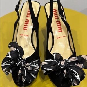 Miu Miu Black Suede Slingback Heels with Patterned Bow